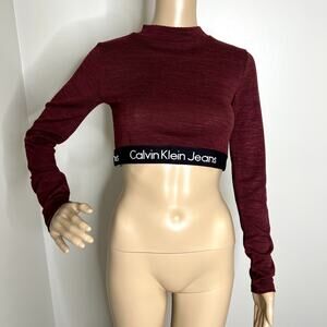 Calvin Klein Maroon Logo Long Sleeve Crop Top